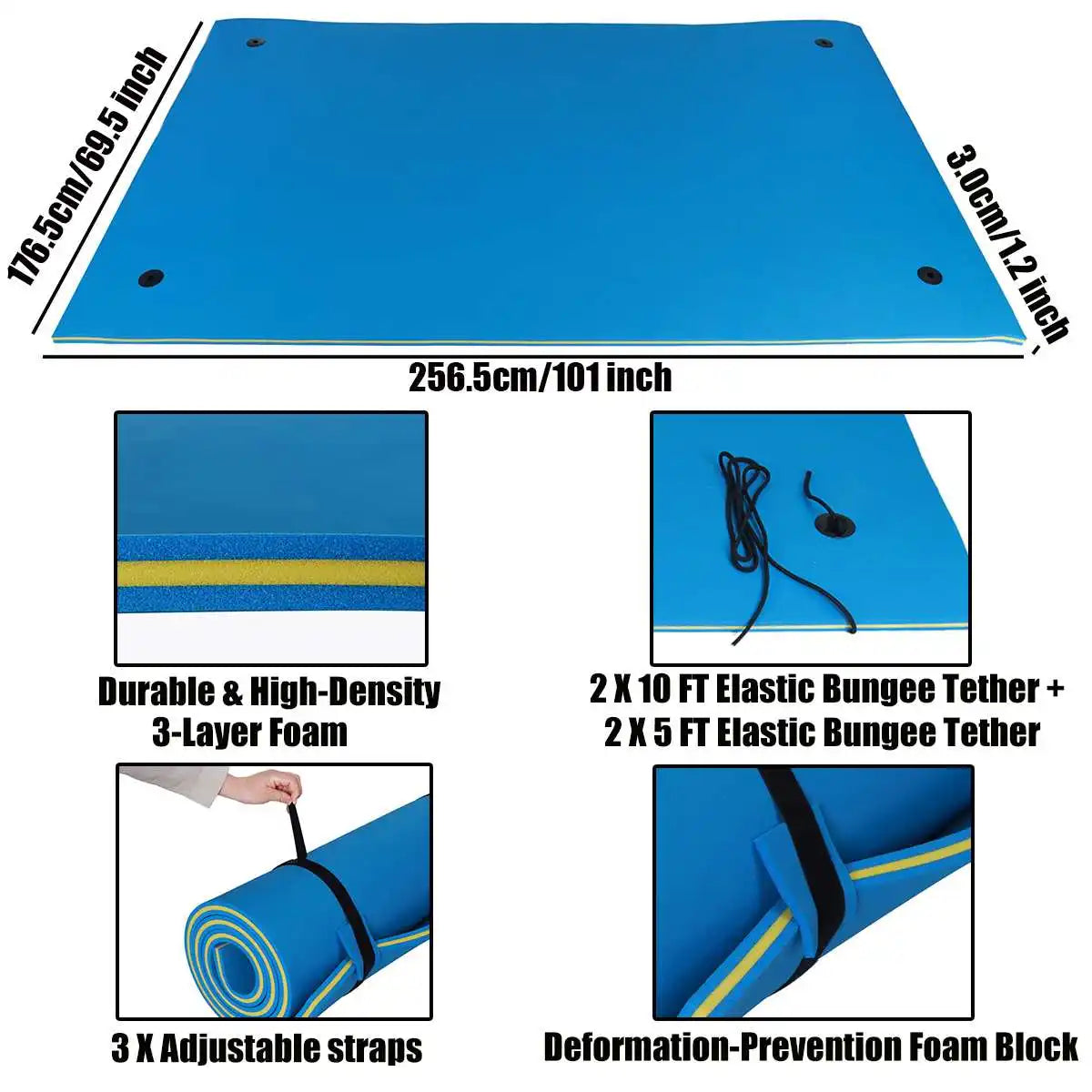 Floating Water Pad Mat 3-Layer Foam with Storage Straps